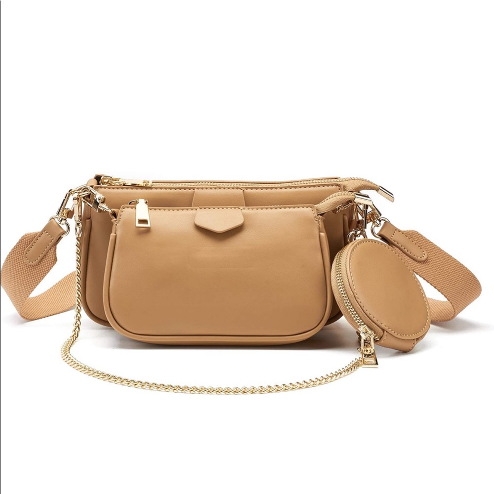 Tan Soft Vegan Leather Crossbody Multipurpose Bag — 3 Bags In One